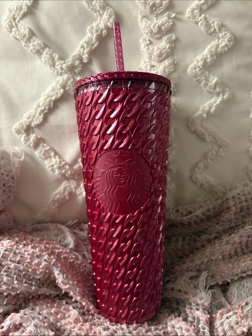Starbucks Metallic Fuchsia chain Textured Tumbler with Straw NWT 2024
